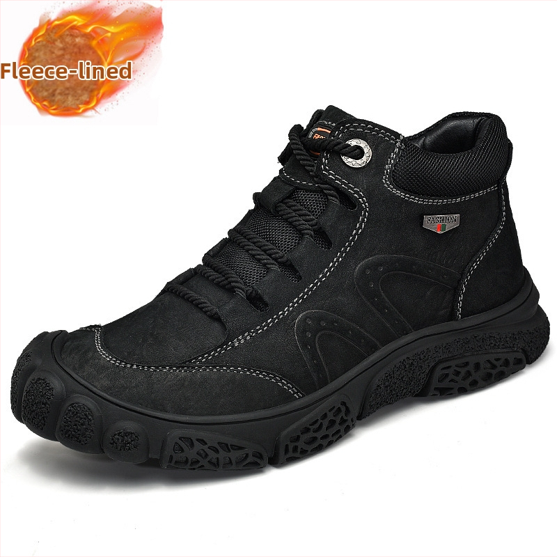 Muške zimske čizme od kože prve klase, s unutarnjom umjetnom kratkom vunom, outdoor planinarske čizme, anti-slip gumena potplat, klinasti đon 1–3 cm