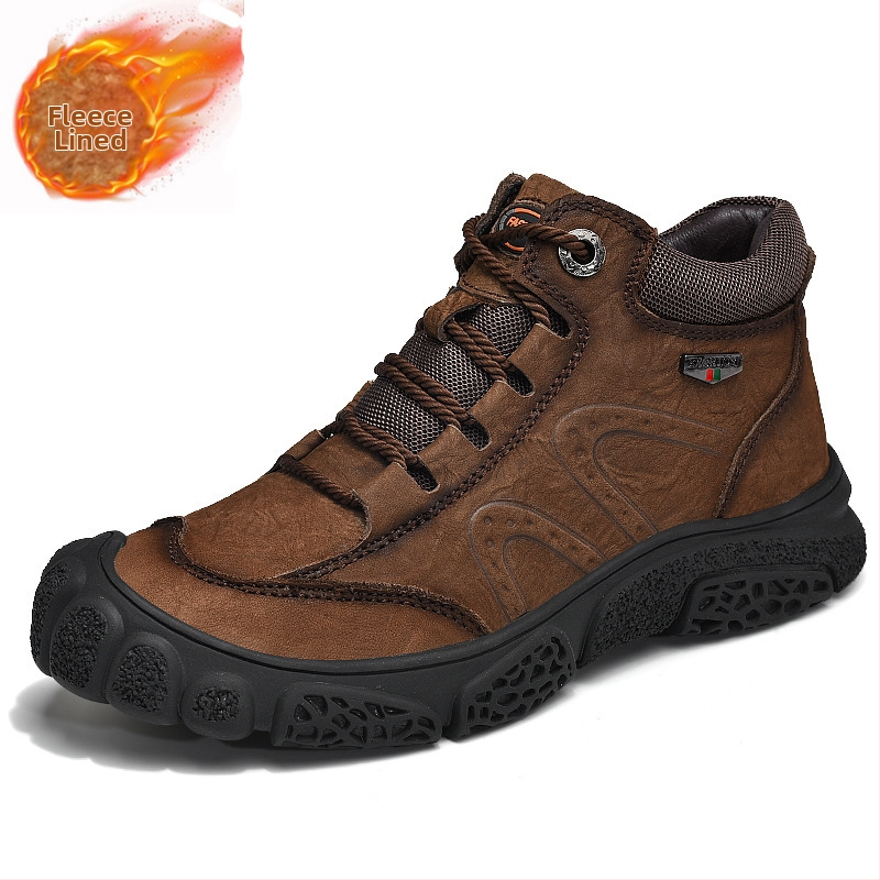 Muške zimske čizme od kože prve klase, s unutarnjom umjetnom kratkom vunom, outdoor planinarske čizme, anti-slip gumena potplat, klinasti đon 1–3 cm