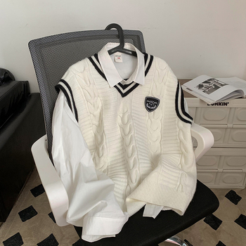 Muški pleteni prsluk bez rukava s V-izrezom, vuneni, color-block uzorak, široki kroj, preppy stil