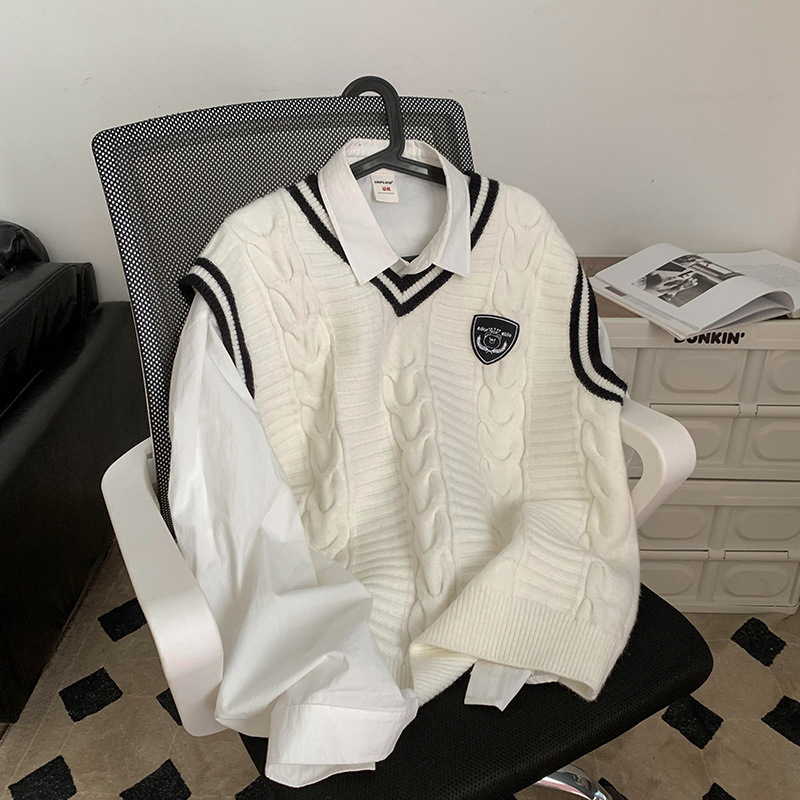 Muški pleteni prsluk bez rukava s V-izrezom, vuneni, color-block uzorak, široki kroj, preppy stil