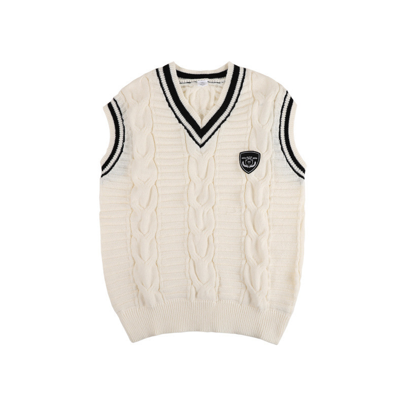Muški pleteni prsluk bez rukava s V-izrezom, vuneni, color-block uzorak, široki kroj, preppy stil