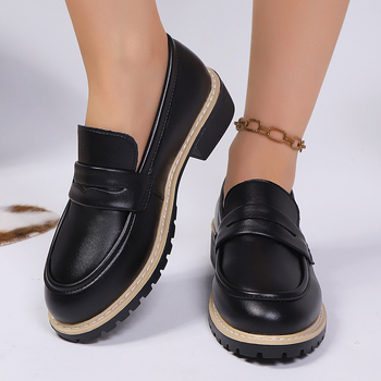 Mocasini dama stil britanic, vârf rotund, parte superioară PU, toc gros mic și talpă din cauciuc — toamnă 2025