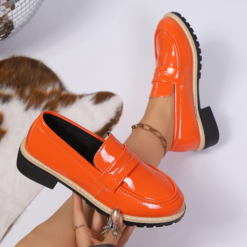 Mocasini dama stil britanic, vârf rotund, parte superioară PU, toc gros mic și talpă din cauciuc — toamnă 2025