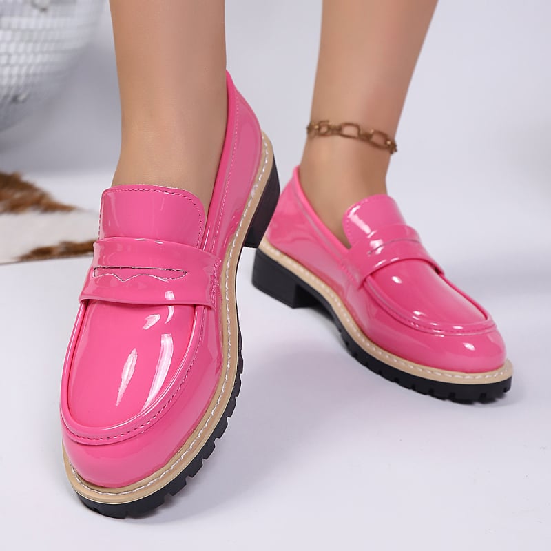 Mocasini dama stil britanic, vârf rotund, parte superioară PU, toc gros mic și talpă din cauciuc — toamnă 2025