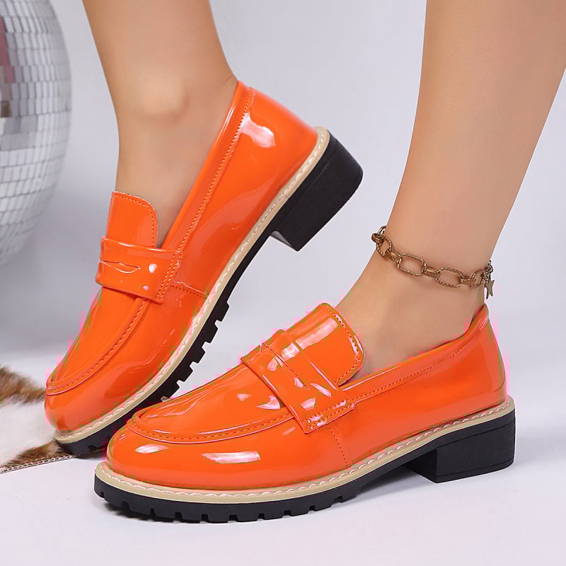 Mocasini dama stil britanic, vârf rotund, parte superioară PU, toc gros mic și talpă din cauciuc — toamnă 2025