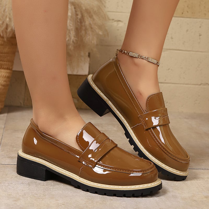 Mocasini dama stil britanic, vârf rotund, parte superioară PU, toc gros mic și talpă din cauciuc — toamnă 2025