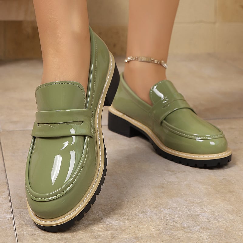 Mocasini dama stil britanic, vârf rotund, parte superioară PU, toc gros mic și talpă din cauciuc — toamnă 2025