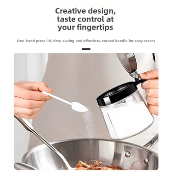 Set din sticlă pentru condimente în bucătărie — borcane pentru sare, borcan MSG și recipient de ulei; stil modern minimalist, logo imprimat, personalizare disponibilă