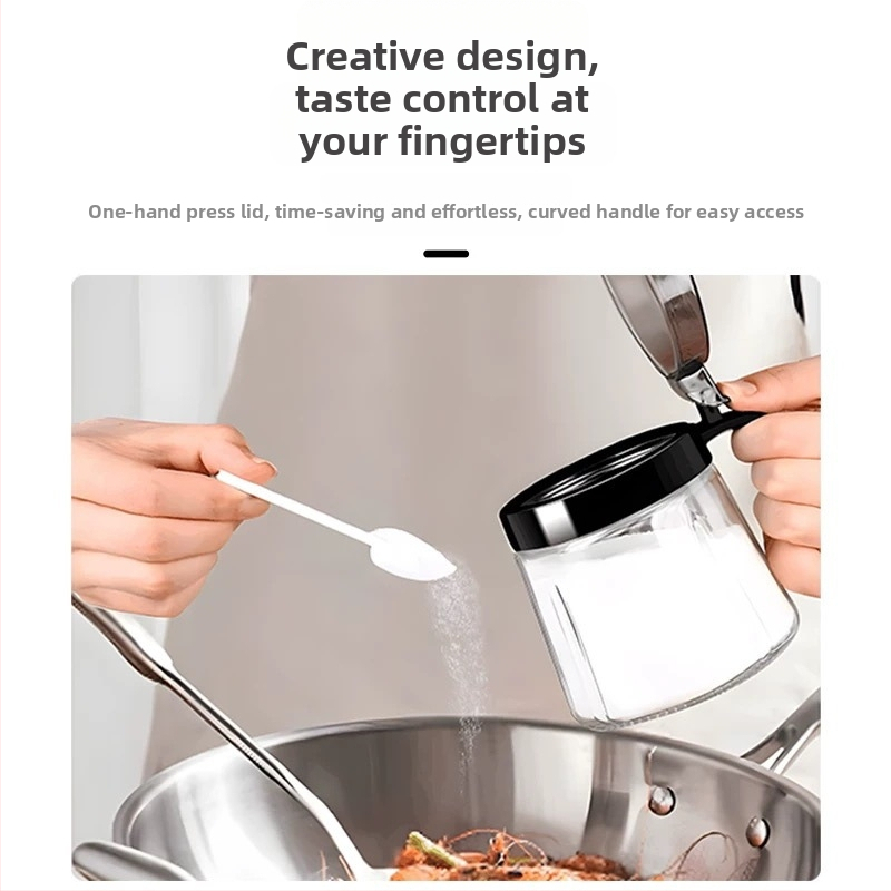 Set din sticlă pentru condimente în bucătărie — borcane pentru sare, borcan MSG și recipient de ulei; stil modern minimalist, logo imprimat, personalizare disponibilă