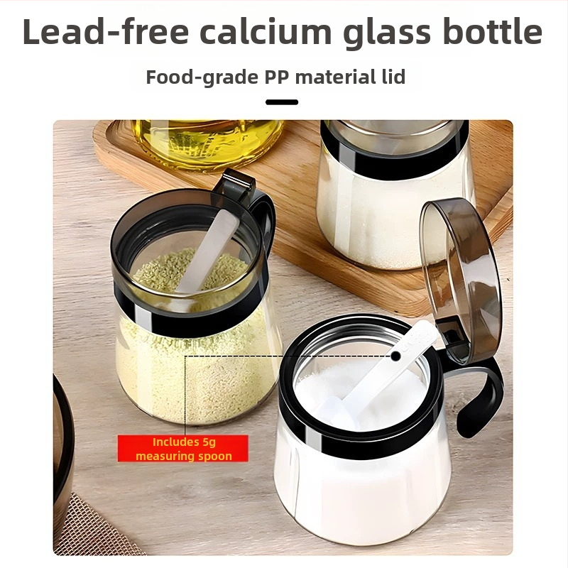 Set din sticlă pentru condimente în bucătărie — borcane pentru sare, borcan MSG și recipient de ulei; stil modern minimalist, logo imprimat, personalizare disponibilă