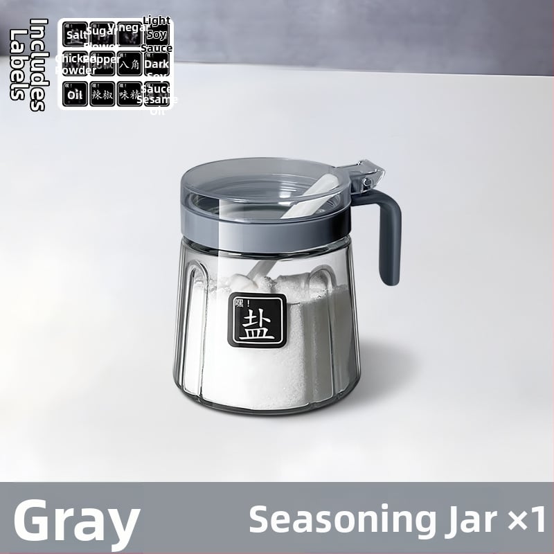 Set din sticlă pentru condimente în bucătărie — borcane pentru sare, borcan MSG și recipient de ulei; stil modern minimalist, logo imprimat, personalizare disponibilă