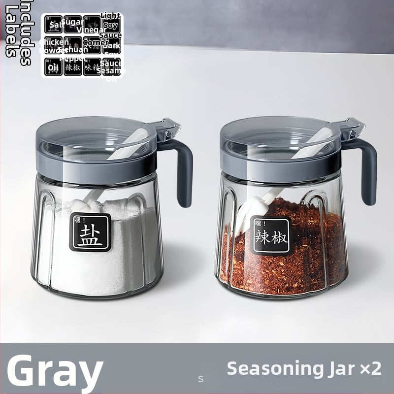 Set din sticlă pentru condimente în bucătărie — borcane pentru sare, borcan MSG și recipient de ulei; stil modern minimalist, logo imprimat, personalizare disponibilă