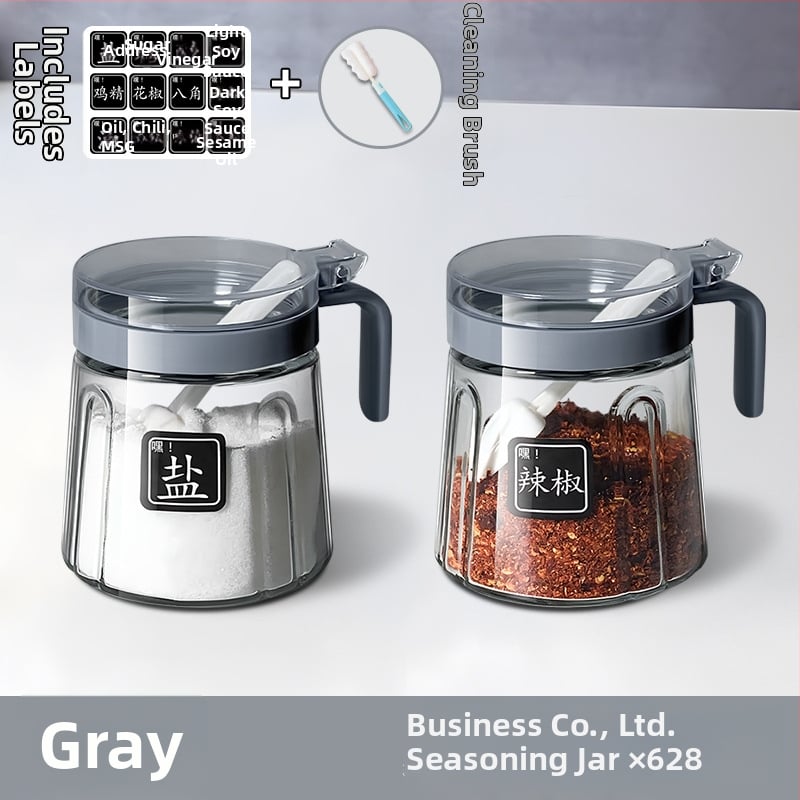 Set din sticlă pentru condimente în bucătărie — borcane pentru sare, borcan MSG și recipient de ulei; stil modern minimalist, logo imprimat, personalizare disponibilă