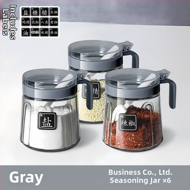 Set din sticlă pentru condimente în bucătărie — borcane pentru sare, borcan MSG și recipient de ulei; stil modern minimalist, logo imprimat, personalizare disponibilă