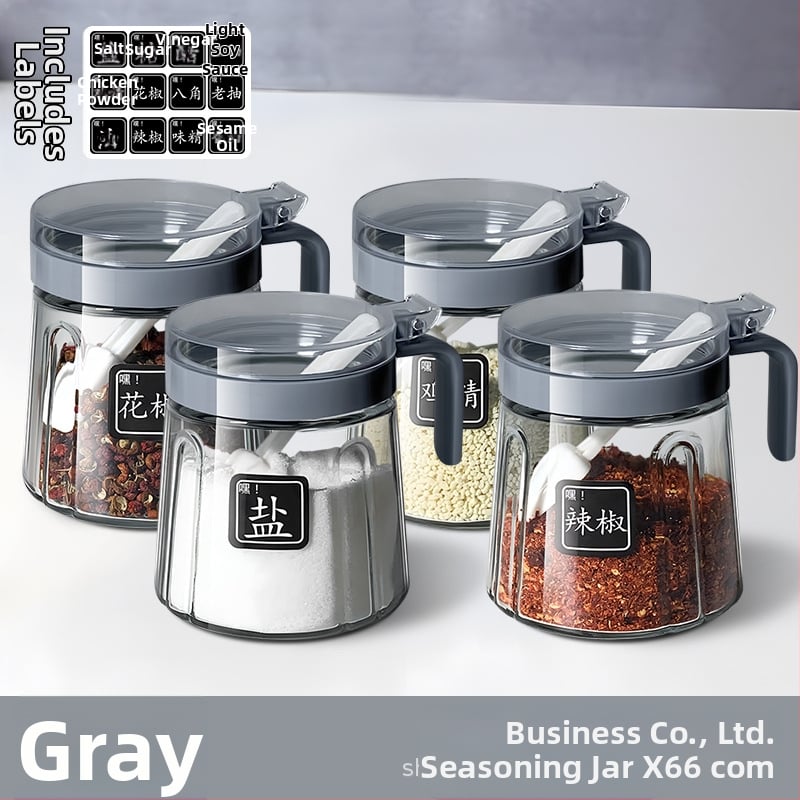 Set din sticlă pentru condimente în bucătărie — borcane pentru sare, borcan MSG și recipient de ulei; stil modern minimalist, logo imprimat, personalizare disponibilă