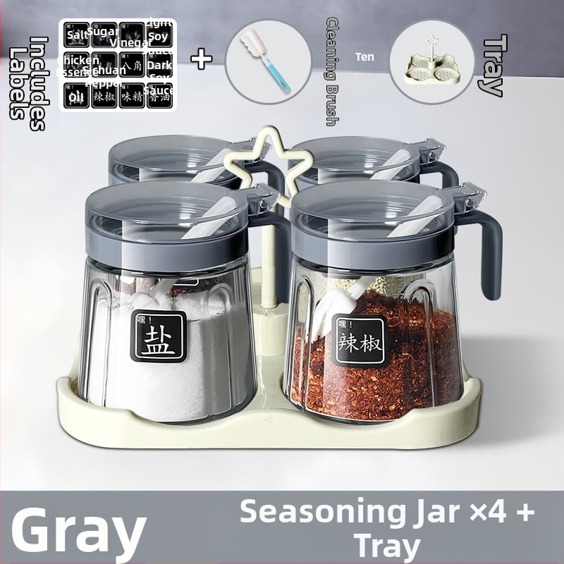 Set din sticlă pentru condimente în bucătărie — borcane pentru sare, borcan MSG și recipient de ulei; stil modern minimalist, logo imprimat, personalizare disponibilă