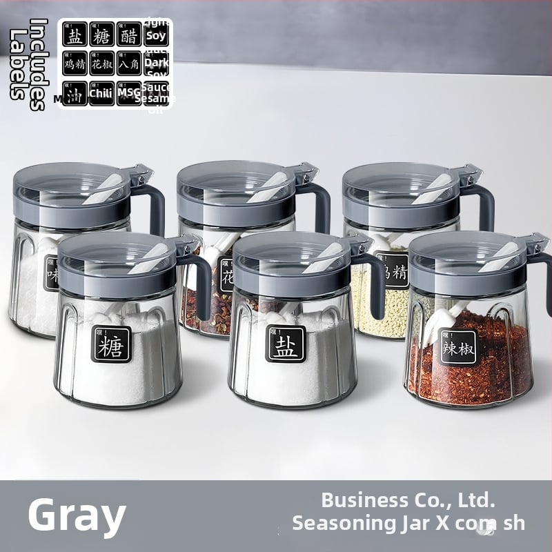 Set din sticlă pentru condimente în bucătărie — borcane pentru sare, borcan MSG și recipient de ulei; stil modern minimalist, logo imprimat, personalizare disponibilă