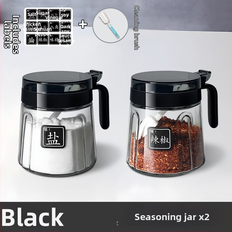 Set din sticlă pentru condimente în bucătărie — borcane pentru sare, borcan MSG și recipient de ulei; stil modern minimalist, logo imprimat, personalizare disponibilă