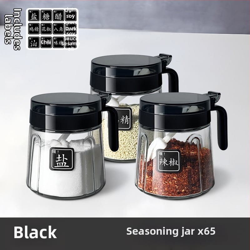 Set din sticlă pentru condimente în bucătărie — borcane pentru sare, borcan MSG și recipient de ulei; stil modern minimalist, logo imprimat, personalizare disponibilă