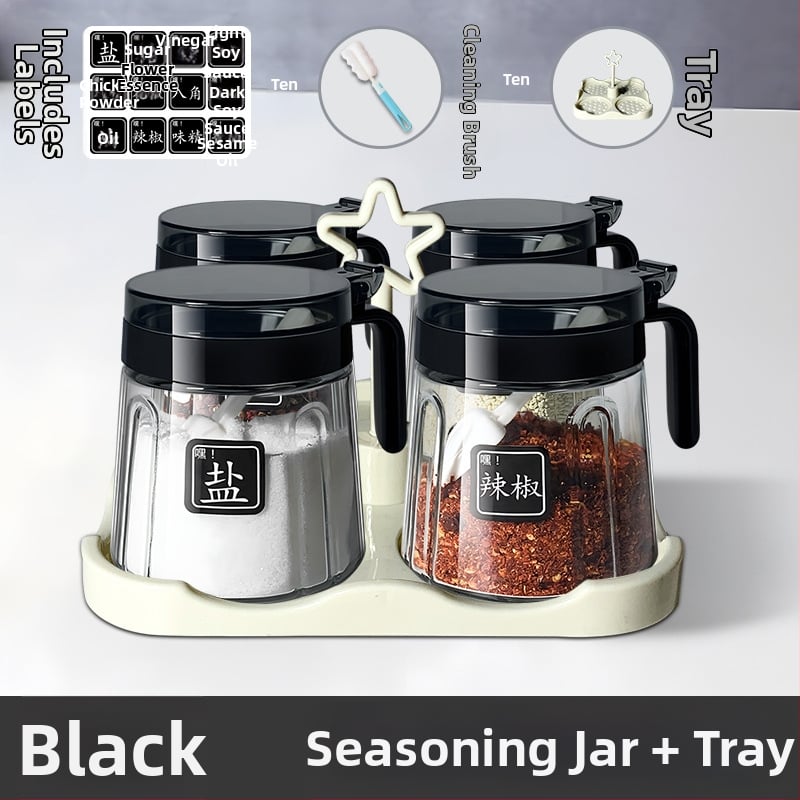 Set din sticlă pentru condimente în bucătărie — borcane pentru sare, borcan MSG și recipient de ulei; stil modern minimalist, logo imprimat, personalizare disponibilă