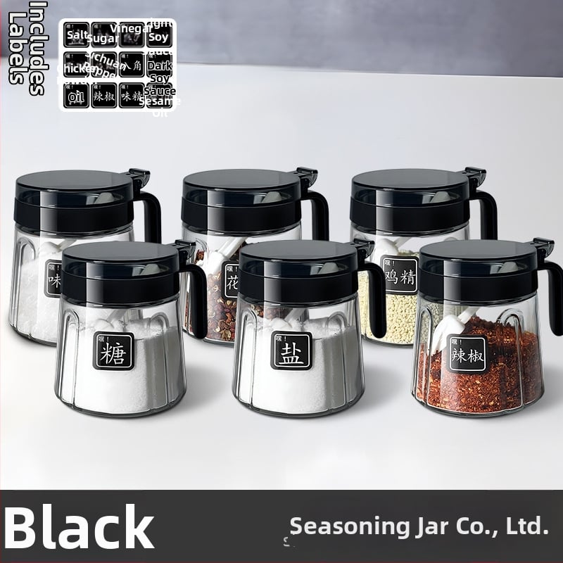 Set din sticlă pentru condimente în bucătărie — borcane pentru sare, borcan MSG și recipient de ulei; stil modern minimalist, logo imprimat, personalizare disponibilă