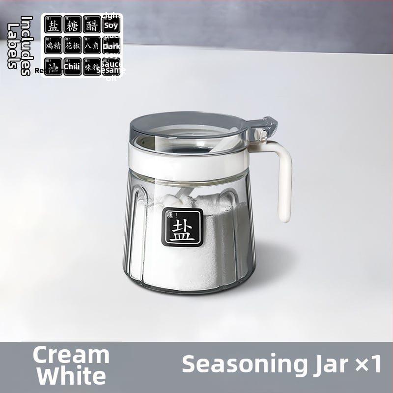 Set din sticlă pentru condimente în bucătărie — borcane pentru sare, borcan MSG și recipient de ulei; stil modern minimalist, logo imprimat, personalizare disponibilă