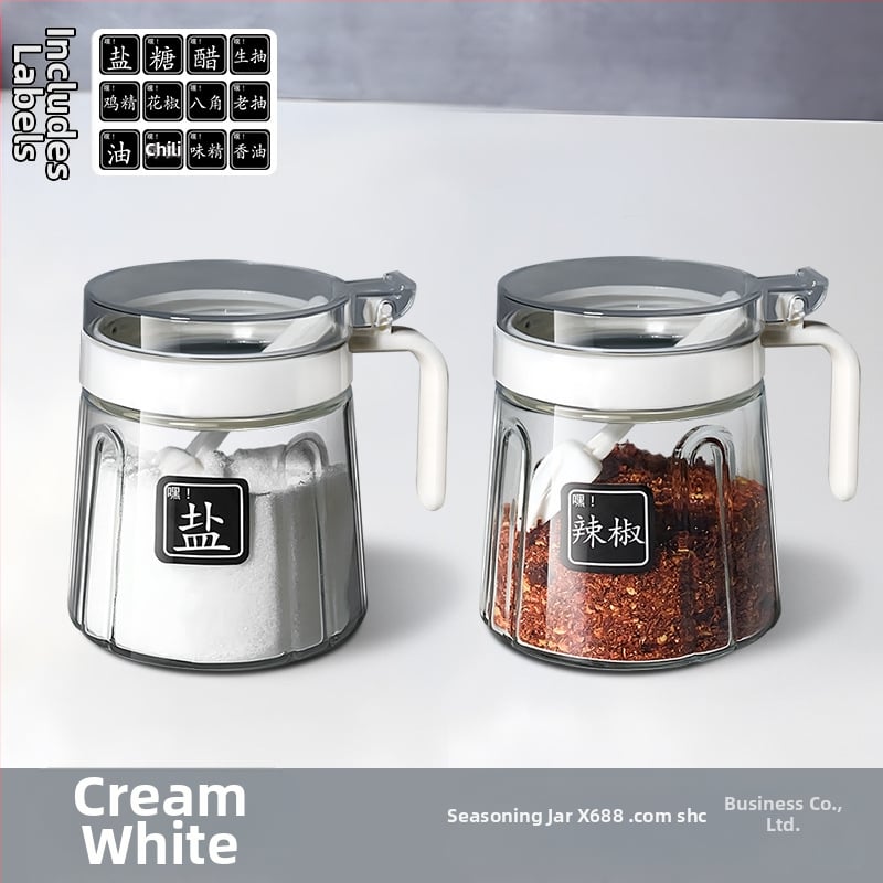 Set din sticlă pentru condimente în bucătărie — borcane pentru sare, borcan MSG și recipient de ulei; stil modern minimalist, logo imprimat, personalizare disponibilă