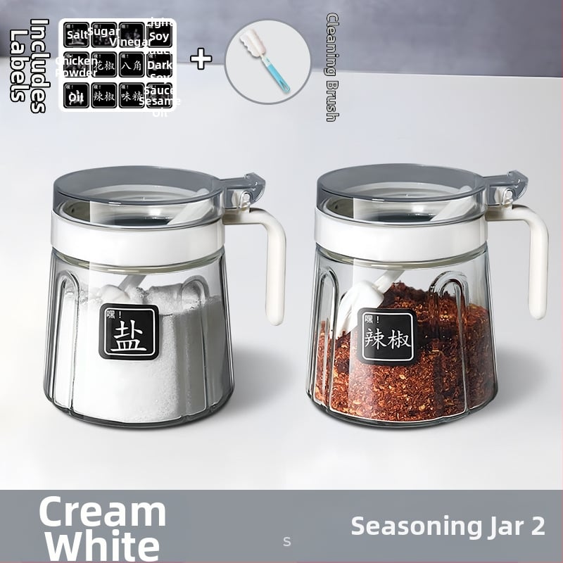 Set din sticlă pentru condimente în bucătărie — borcane pentru sare, borcan MSG și recipient de ulei; stil modern minimalist, logo imprimat, personalizare disponibilă