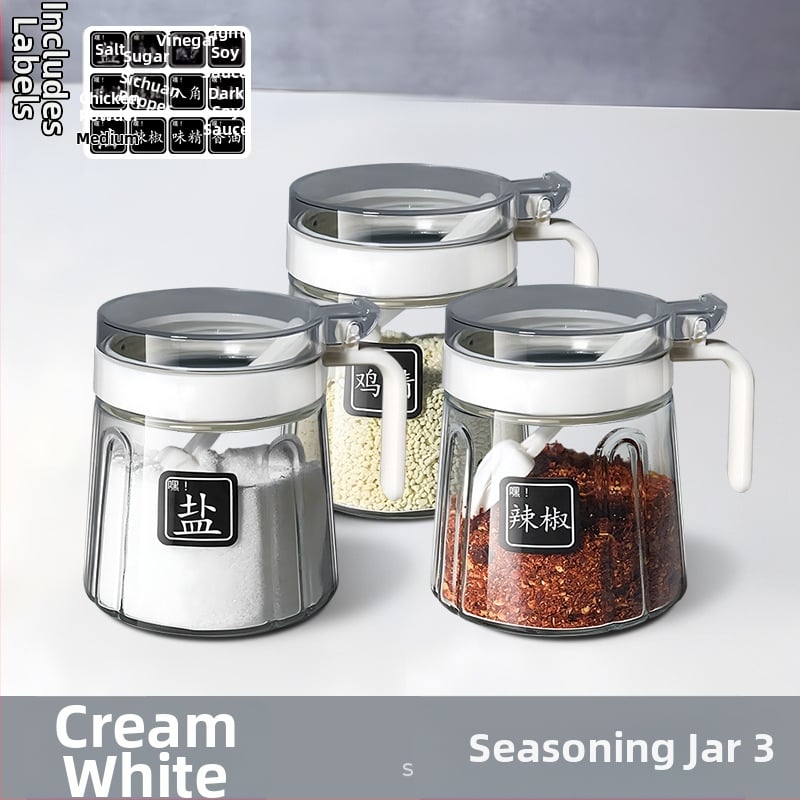 Set din sticlă pentru condimente în bucătărie — borcane pentru sare, borcan MSG și recipient de ulei; stil modern minimalist, logo imprimat, personalizare disponibilă