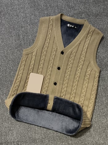 Férfi kötött kardigán mellény, 100% pamut, fleece-béléssel, vastag, V-nyakú, testhez álló fazon