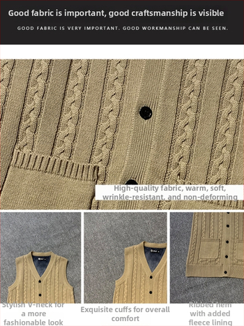 Pánska pletená vesta-kardigan bez rukávov, 100% bavlna, fleecová podšívka, hrubá, V-výstrih, úzky strih