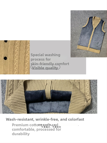 Pánska pletená vesta-kardigan bez rukávov, 100% bavlna, fleecová podšívka, hrubá, V-výstrih, úzky strih