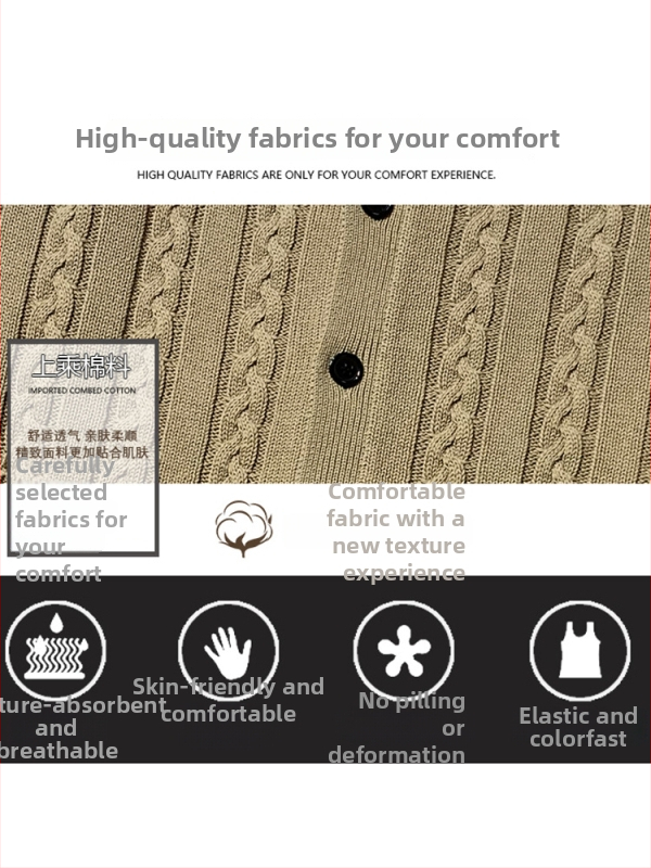 Pánska pletená vesta-kardigan bez rukávov, 100% bavlna, fleecová podšívka, hrubá, V-výstrih, úzky strih