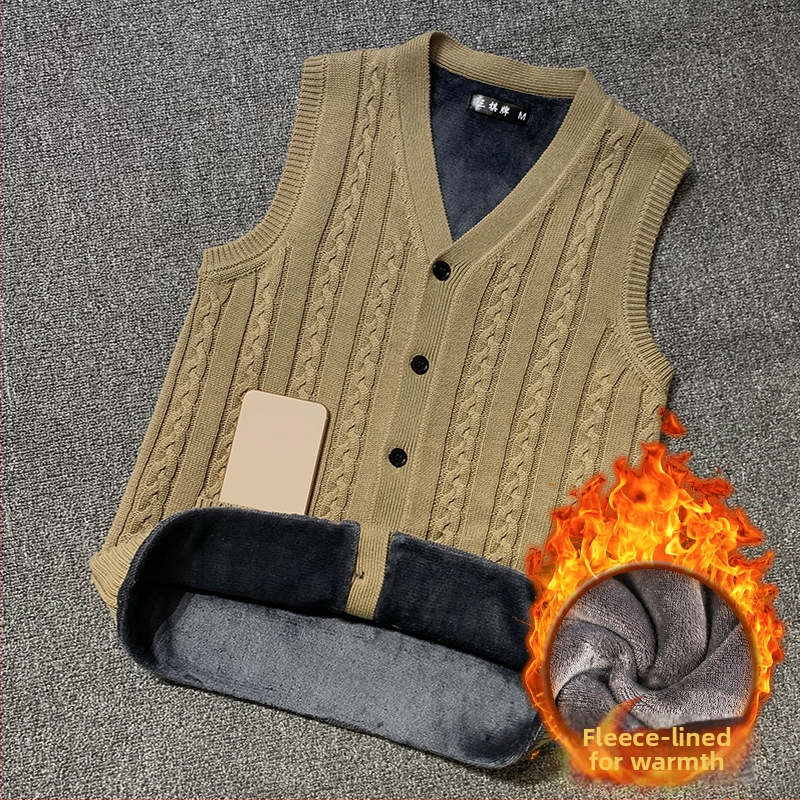 Pánska pletená vesta-kardigan bez rukávov, 100% bavlna, fleecová podšívka, hrubá, V-výstrih, úzky strih