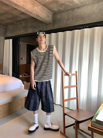 Harajuku stil prugasta pletena vesta bez rukava, slobodan kroj, vunena smjesa 76-80%