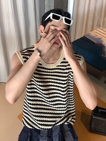 Harajuku stil prugasta pletena vesta bez rukava, slobodan kroj, vunena smjesa 76-80%