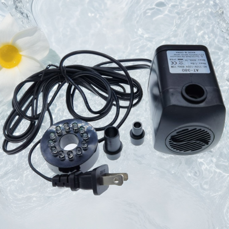 AT-380 Подводна помпа за градински фонтани, ABS, безшумна работа, LED осветление, за кислородиране на рибното езеро