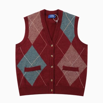 Unisex pleteni kardigan bez rukava s rombo uzorkom, bez ovratnika, slobodan kroj za jesen 2025