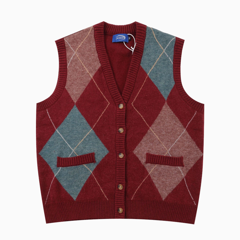 Unisex pleteni kardigan bez rukava s rombo uzorkom, bez ovratnika, slobodan kroj za jesen 2025