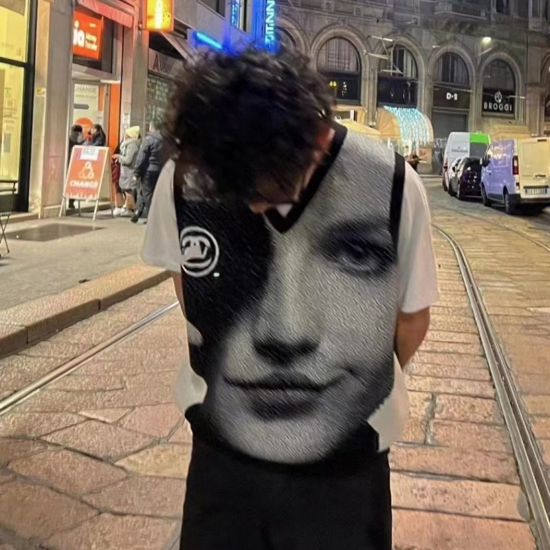 Hip-hop prsluk bez rukava od mohaira s jacquardom, V-izrez, opušten kroj