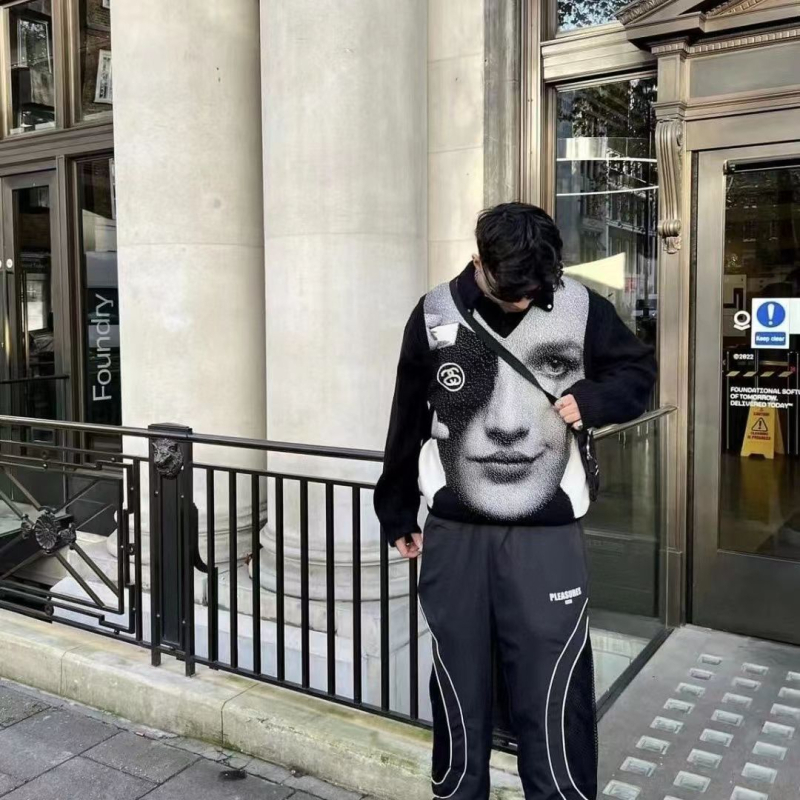 Hip-hop prsluk bez rukava od mohaira s jacquardom, V-izrez, opušten kroj