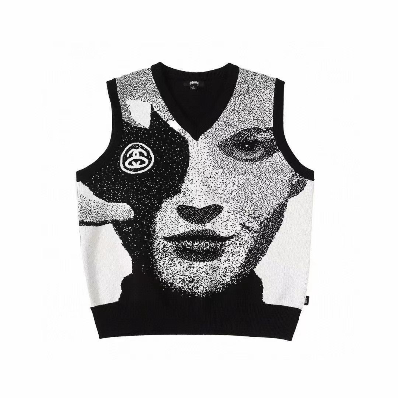 Hip-hop prsluk bez rukava od mohaira s jacquardom, V-izrez, opušten kroj