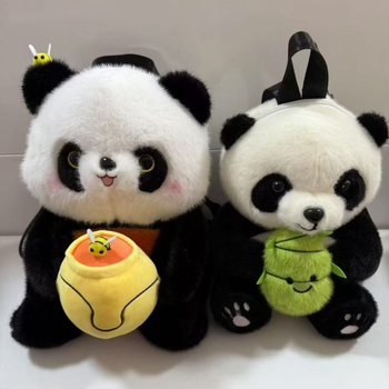 Rucsac pluș cu panda pentru copii - exterior velur, căptușeală poliester, fermoar, compartiment interior