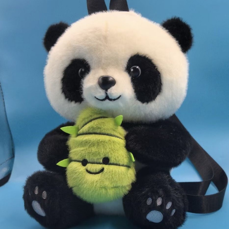 Rucsac pluș cu panda pentru copii - exterior velur, căptușeală poliester, fermoar, compartiment interior