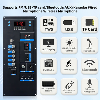 TB01 Bluetooth усилвателна платка за външен субуфер модул – аудио аксесоари, напрежение DC12V или AC110-240V, Bluetooth, входове за микрофон и китара