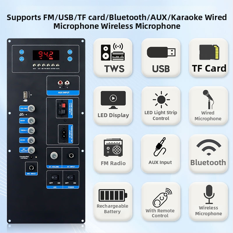 TB01 Bluetooth усилвателна платка за външен субуфер модул – аудио аксесоари, напрежение DC12V или AC110-240V, Bluetooth, входове за микрофон и китара