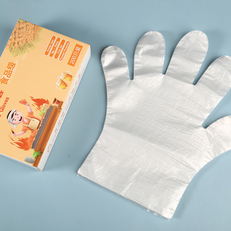 Mănuși de unică folosință PE, ambalate în cutie – transparente, rezistente la praf, 100 de bucăți, cu siglă imprimată