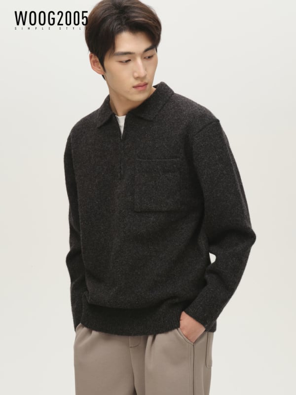Muški debeli pleteni džemper s polu-zipom i polo ovratnikom, opušten kroj, 36–40% akrila