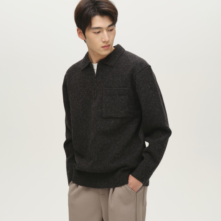 Muški debeli pleteni džemper s polu-zipom i polo ovratnikom, opušten kroj, 36–40% akrila