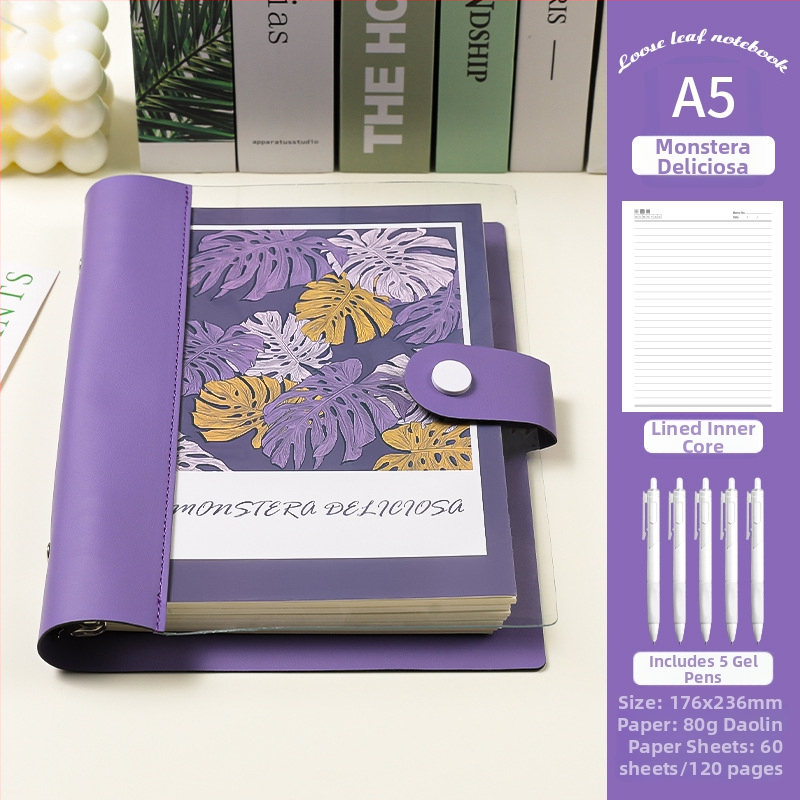 Prozirni bilježnica s razdvojenim listovima, meka kožna kućišta, odvojivi blok bilježnica, Dowling papir, 60 listova, 8 rupa